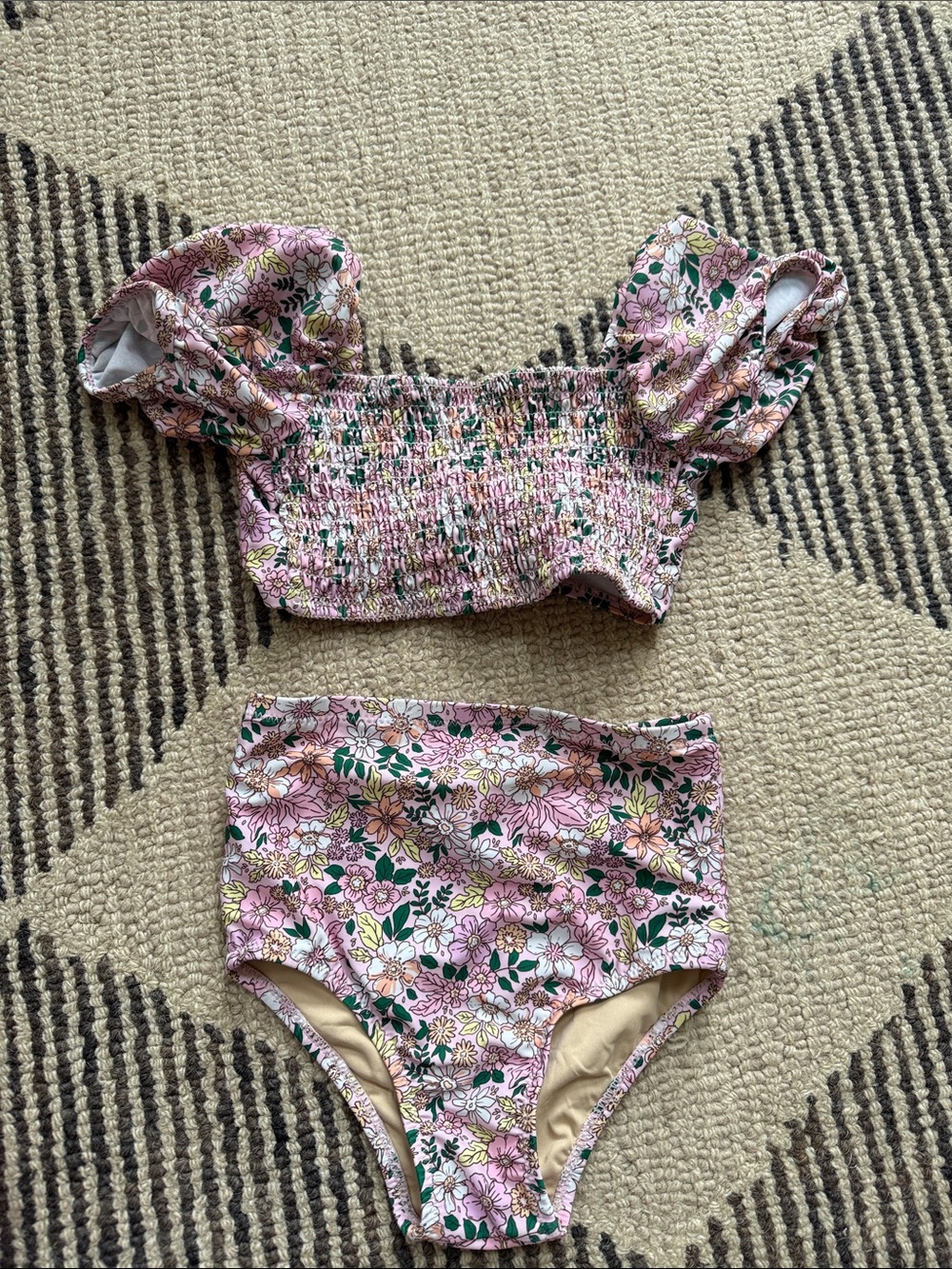 Girls' Pink Floral Smocked Two-Piece Swim Set